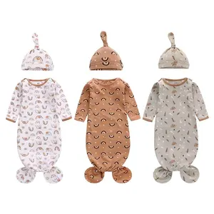 Batas de dormir para bebés recién nacidos de algodón orgánico, camisón anudado de manga larga con puños de manoplas, sombrero a juego, sacos de dormir ODM