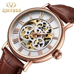 Drop Shipping KINYUED Men's Mechanical <b>Watch</b> Leather Band <b>Skeleton</b> Dial Roman Numerals Waterproof 3BAR Luxury Fashion Wholesale - Product Image 2