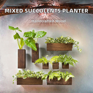 Plantes succulentes artificielles mélangées dans une jardinière rectangulaire suspendue moderne - Boîte à plantes en bois sculpté à la main de couleur marron - Product Image 2