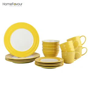 Piastra in gres 16 pezzi con bordo ciotola in ceramica smaltata di colore giallo da 14 once. Set di piatti in gres occidentale in gres