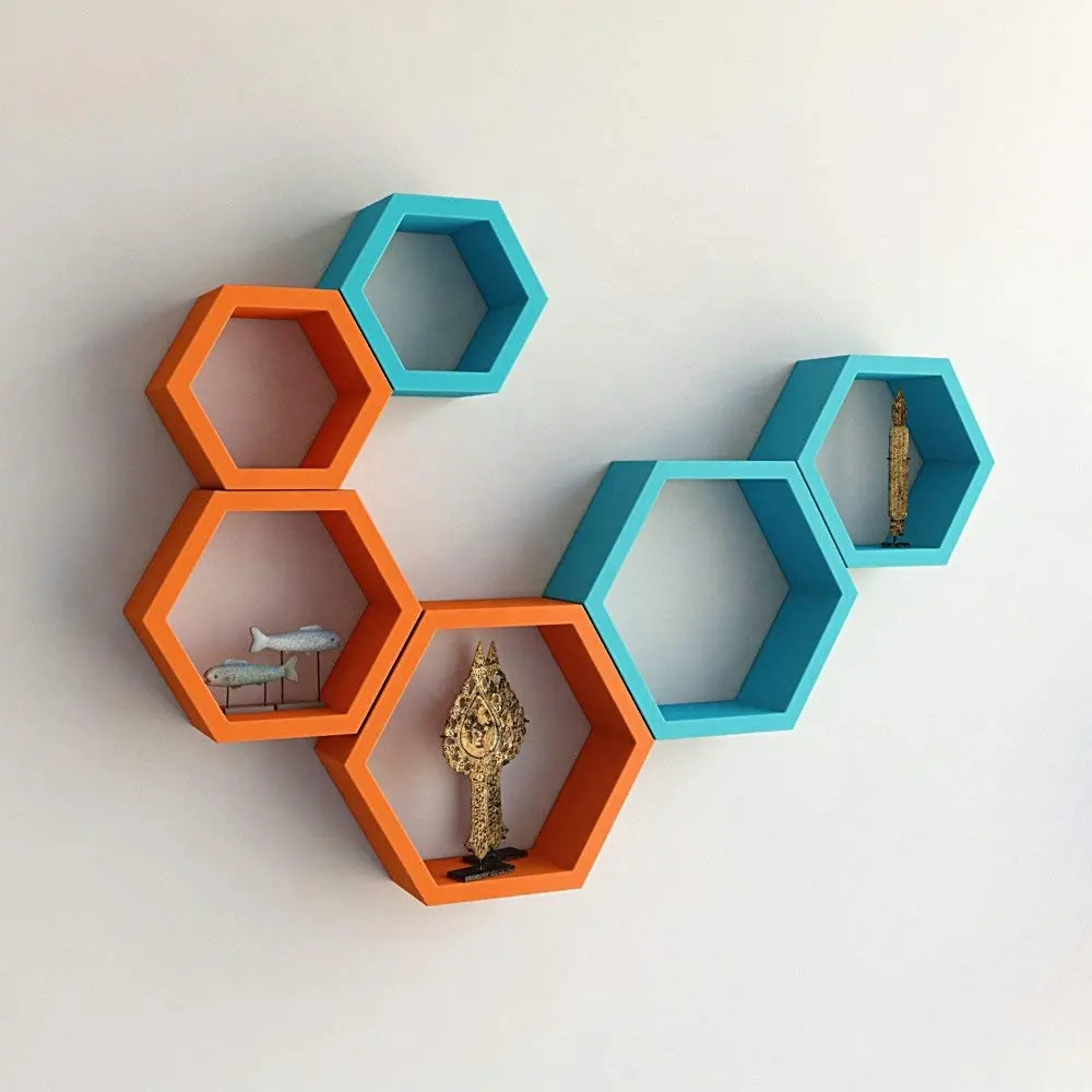 6 Stuk Hexagon Vorm Mdf Wandplank, Oranje En Sky Blue