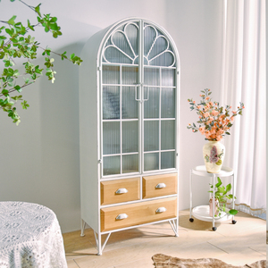 Mueble de Estilo Nórdico para Sala de Estar, Decoración Rústica, Color Blanco, Hierro, Metal, Madera, Arqueado, Retro, Vitrina de Almacenamiento con Puertas de Vidrio - Product Image 4