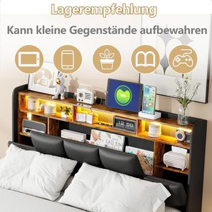 <span class=keywords><strong>Lit</strong></span> de rangement 160x200cm avec éclairage LED, port USB, tête de <span class=keywords><strong>lit</strong></span> rembourrée, rangement en velours noir - Product Image 5