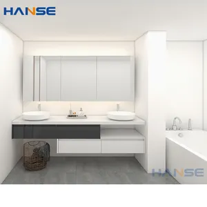 Modern waterproof wall mount cabinet design toilet bathroom vanity with granite countertops wash basin led mirror for hotel home