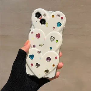 ins 3D爱心心形手机外壳适用于iPhone 15 13 12 11 Pro Max彩色水钻软防震后盖