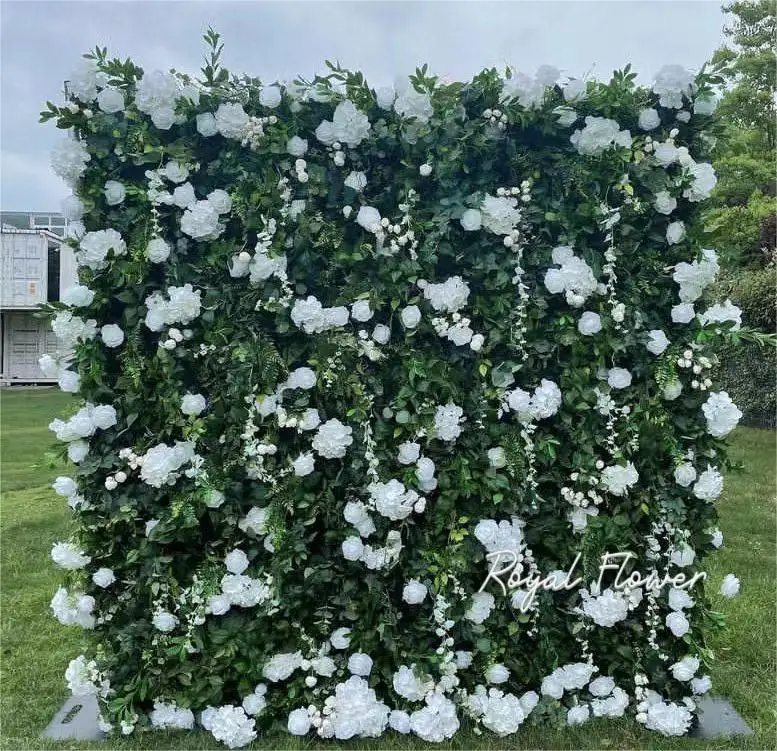 Rojo Blanco 3D Enrollado Tela Flor artificial Panel de pared Seda Peonía Rosa Flores Pared Telón de fondo para la decoración de la boda
