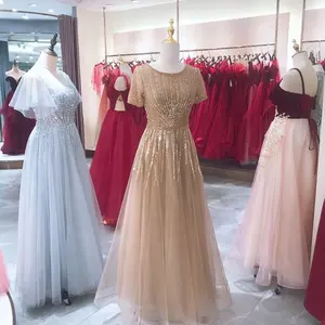 婚纱礼服豪华派对礼服金色晚礼服线水晶串珠晚礼服与真实照片从Sayabridl