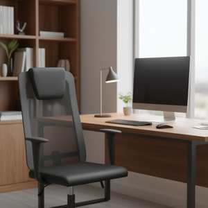 Chaise de bureau en tissu maillé gris avec appui-tête et accoudoirs, base pivotante à 5 étoiles, structure métallique, design ergonomique, style contemporain - Product Image 2