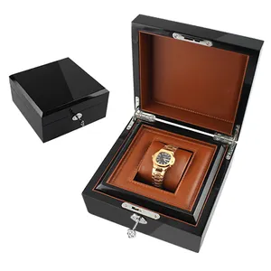 High-grade Piano Lacquer MDF PU Leather Black Storage Packaging Gift Wooden Watch Box For Men