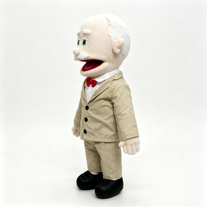 Marioneta de peluche de abuelo con bigote de pelo blanco, traje beige, pajarita roja, juguete de peluche suave para niños de 3 años en adelante - Product Image 2