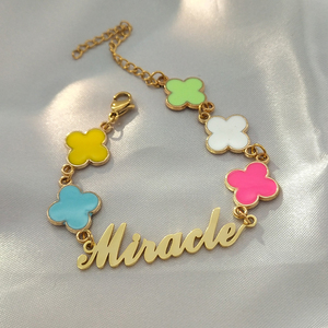 <span class=keywords><strong>Bracelet</strong></span> Trèfle à Quatre Feuilles Tendance, Lettre Prénom Personnalisée, Couleur, pour Filles et Femmes, en Acier Inoxydable Plaqué Or - Product Image 3