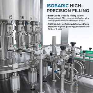 Machine de remplissage de bouteilles automatique pour boissons gazeuses en verre avec lavage, capsulage à couronne et <span class=keywords><strong>double</strong></span> pré-évacuation, intégrée à une ligne d'emballage - Product Image 2