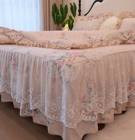 Parure de lit 100 % coton, motif floral français, 4 pièces, 40 fils, 200TC, avec volants et dentelle, housse de couette et drap, textile de maison de luxe style shabby chic