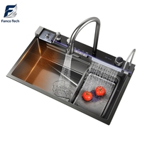 Évier de cuisine en acier inoxydable 304/201 noir mat avec rince-verre cascade, panneau intelligent, planche à découper, ensemble d'évier sous plan, garantie 5 ans