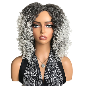 Perruque synthétique <span class=keywords><strong>courte</strong></span> LIWANGLONG HAIR pour <span class=keywords><strong>femme</strong></span>, noire et blanche, avec raie latérale, boucles afro crépues, résistante à la chaleur, sans dentelle, densité 150% - Product Image 1