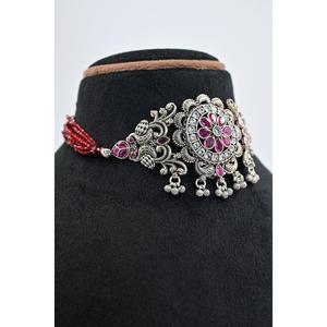 Vintage Flower <b>Choker</b> Necklace with Rhinestone and Red Beads for Women Wedding Jewelry Antique <b>Silver</b> Plated Alloy - Product Image 4