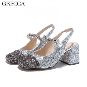 GRECCA Scarpe con <span class=keywords><strong>Tacco</strong></span> a Spillo in Pelle Metallizzata Nere e <span class=keywords><strong>Oro</strong></span> Punta Quadrata <span class=keywords><strong>Tacco</strong></span> 6cm Dettaglio Catena e Perle Scarpe da Festa alla Moda - Product Image 3