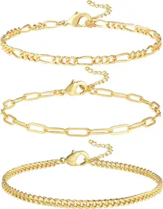Trendy Dainty Gold 14K Gold Plated Adjustable Chain Link Stack Layered Bracelets Jewelry Set for Women