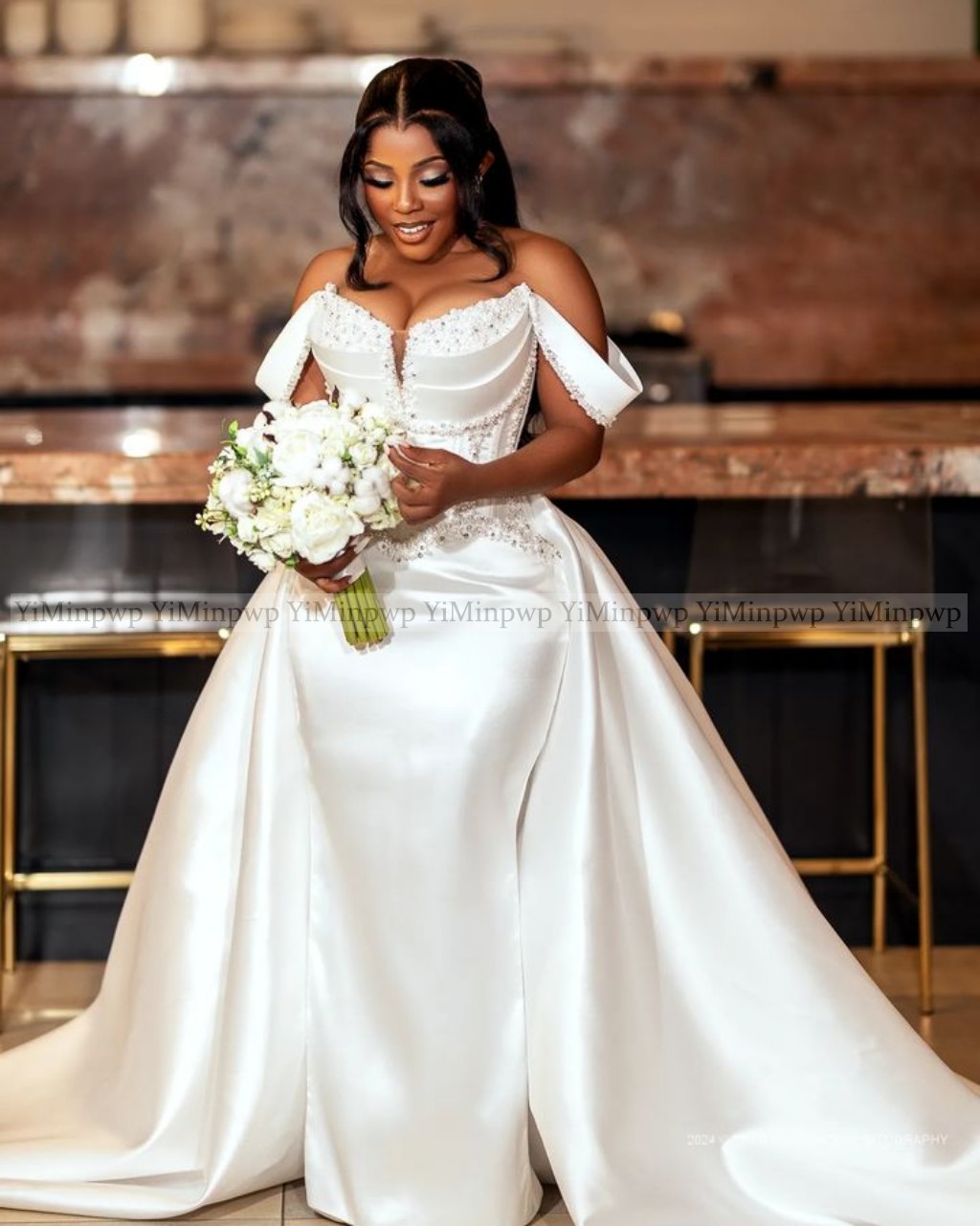 chinese dress ladies Off Shoulder Mermaid Wedding Dress with Scalloped Lace Train WD636 US12 / Custom Color main image 1