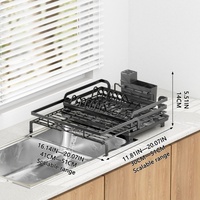 Égouttoir à vaisselle extensible en acier inoxydable avec plateau de drainage et porte-ustensiles, séchoir à vaisselle extensible pour comptoir de cuisine