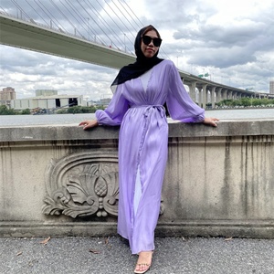 1926# Latest Organza Satin Abaya With <b>Balloon</b> Sleeves Open Abaya Modesty Solid Color Abayas Clothing 11 Colors - Product Image 4