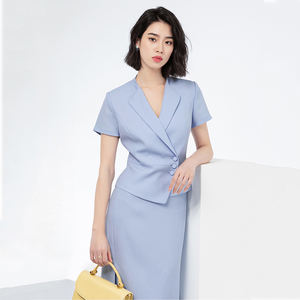 Traje de Falda <span class=keywords><strong>para</strong></span> Mujer, Verano, Transpirable, Tejido, Cuello en V, Botones, <span class=keywords><strong>Manga</strong></span> <span class=keywords><strong>Corta</strong></span>, Poliéster, Largo hasta la Rodilla, Estilo Oficina - Product Image 1