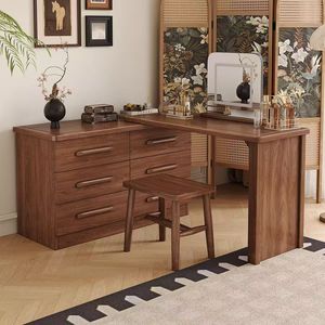 Modern Minimalist Black <b>Walnut</b> Wood Dressing Table With <b>Drawers</b> And Mirror Vanity For Bedroom Makeup Storage Cabinet Combined - Product Image 1