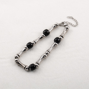 Minimalist Bamboo Joint Titanium Steel Men's <b>Bracelet</b> <b>Adjustable</b> Geometric Design Black Beads Fashion Jewelry - Product Image 4