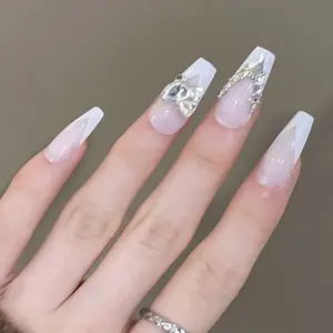 Customizable wholesale 24 pcs French White Edge with Blazing Sparkling Diamond Art Acrylic Press On Nails false nails 2957