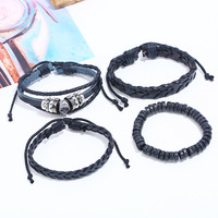 Ensemble Bracelet Tissé Crâne Gothique Tressé en Cuir Noir pour Homme Bijoux de Charme de Mode