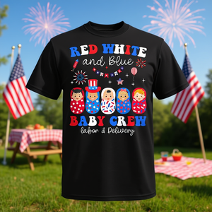 T-shirt rouge, blanc et bleu pour infirmière d'accouchement, design patriotique du 4 juillet - Product Image 3