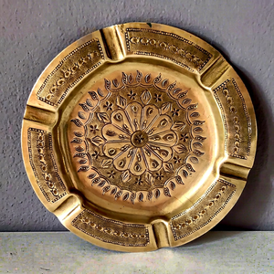 Brass Round <b>Ashtray</b> with Oriental Floral Design for Home Desktop Use - Product Image 1