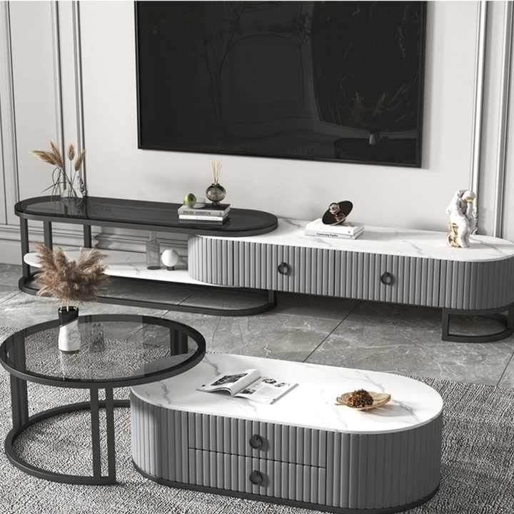 Modern Simple Luxury Rock Plate Tea Table Wooden TV Glass