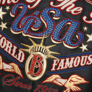 جاكيت جلد أسود مخصص بمقاسات أمريكية، جاكيت هيب هوب من جلد الحملان مرصع بالأحجار الكريمة للرجال - Product Image 3