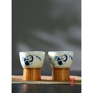 Hand Painted Panda Master <b>Cup</b> Porcelain Bamboo Woven High Tea <b>Cup</b> Home Ceramic Gift - Product Image 1