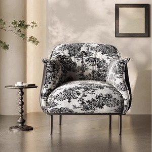 เก้าอี้พักผ่อนลายผ้าทอยล์สีดำขาว พนักพิงหนังเทียม รูปทรงโค้ง ขาโลหะ ดีไซน์ทันสมัย หรูหรา สำหรับห้องนั่งเล่น - Product Image 2