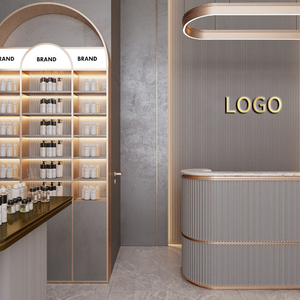 ตู้โชว์น้ำหอมสำหรับร้านค้าปลีกสินค้าหรูหรา ทำจากกระจกนิรภัย พร้อมไฟ LED ดีไซน์หินอ่อน โลหะ และ MDF - Product Image 1