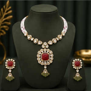Elegant 925 <b>Silver</b> Necklace and Earrings Set with Red and Green Stones White Beads Traditional Indian Bridal Jewelry - Product Image 2