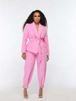 Blazer à ceinture rose personnalisé, pantalon long à revers, pantalon décontracté assorti, tenues et ensembles 2 pièces pour femmes