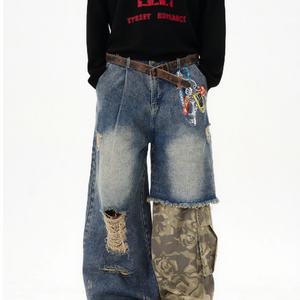 Vaqueros de mezclilla híbridos de pierna recta, estilo cargo, extragrandes, con estampado desgastado, camuflaje y patchwork, estilo hip hop vintage personalizado para hombre - Product Image 1