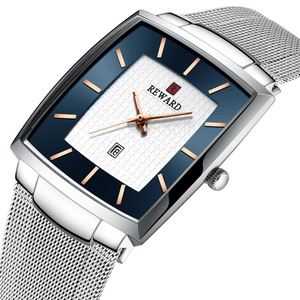 Reloj de Cuarzo Cuadrado para Hombre Reward, Correa de Malla Azul, Resistente al Agua 30M, Movimiento Japonés, Pantalla Analógica - Product Image 3
