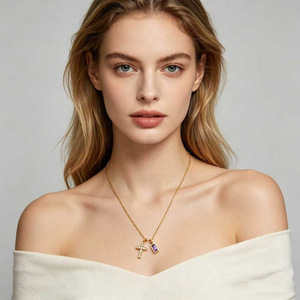 Zogxin <b>Cross</b> Pendant Necklace Gold <b>Chain</b> With Zircon Bezel Setting Daily Wear Gift Jewelry - Product Image 2