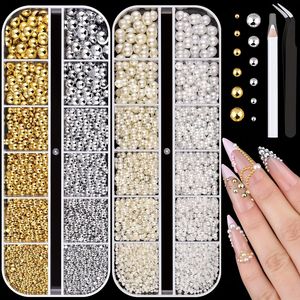 12 <b>Grids</b> Gold Silver Pearl Nail Beads Half Round Flatback <b>Metal</b> Ball Charms for DIY Nail Art - Product Image 3