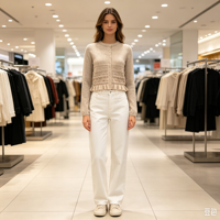 Clara – Haut tricoté pour femme, qualité supérieure, maille pointelle beige, personnalisable OEM, couleur unie, manches longues, boutons corne