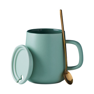 Ceramic Mug With Lid And Spoon Solid Color Two-piece <b>Set</b> Coffee <b>Cup</b> For Everyday Use - Product Image 5