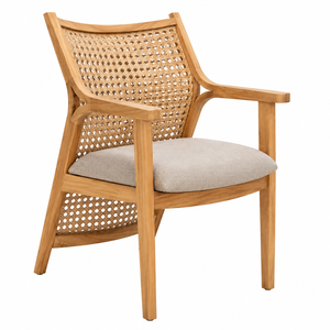 La chaise de salle à manger Alula, qui combine du teck de haute qualité et un tressage en rotin naturel, offre à la fois confort et style. - Product Image 1