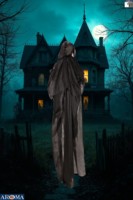 AROMA Grim Reaper suspendu de 67 pouces pour Halloween avec bol à bonbons, yeux sonores et clignotants pour rassemblements effrayants et fêtes d'Halloween