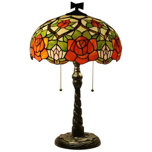 Longhuij16寸Tiffany多色玻璃台灯玫瑰图案咖啡灯，带扭曲苍蝇马赛克底座