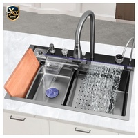 Évier de cuisine moderne multifonctionnel à cuve unique, noir mat SUS304, design cascade, affichage numérique, grand modèle à poser