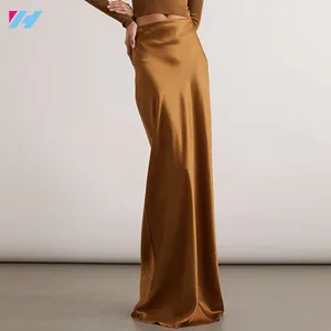 Alta calidad de encargo de alta cintura alta marrón largo Maxi falda de seda de satén para las mujeres